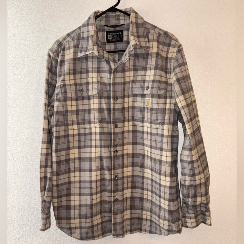 Carhartt Men's Gray & Cream Plaid Button Down Shirt Size Medium